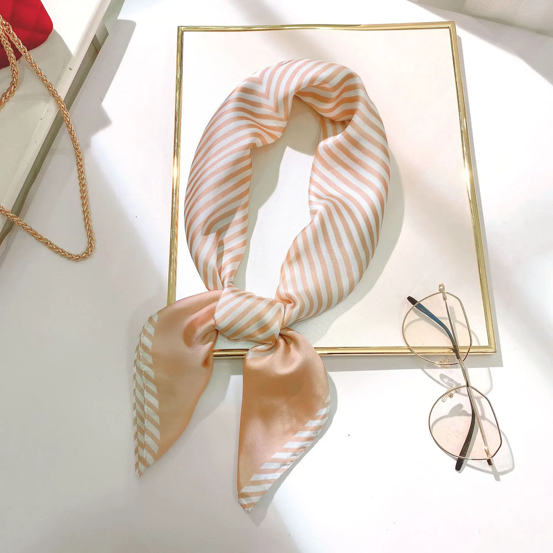 New stripe imitate real silk scarf sweet roll edge adornment profession small printing |