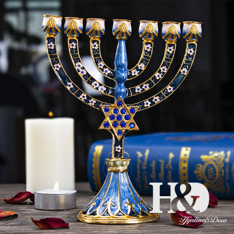 H &amp D hanukka Menorah ручная роспись эмалированные канделябры украшенные храмом Chanukah