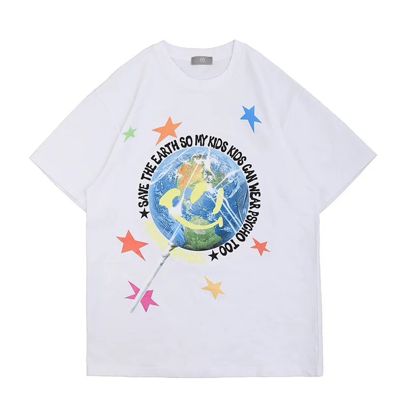 

Summer 2021 New Trendy High Street Hip-Hop Smiley Earth Printed Round Collar Men's Short Sleeve T-Shirt Oversized T Shirt