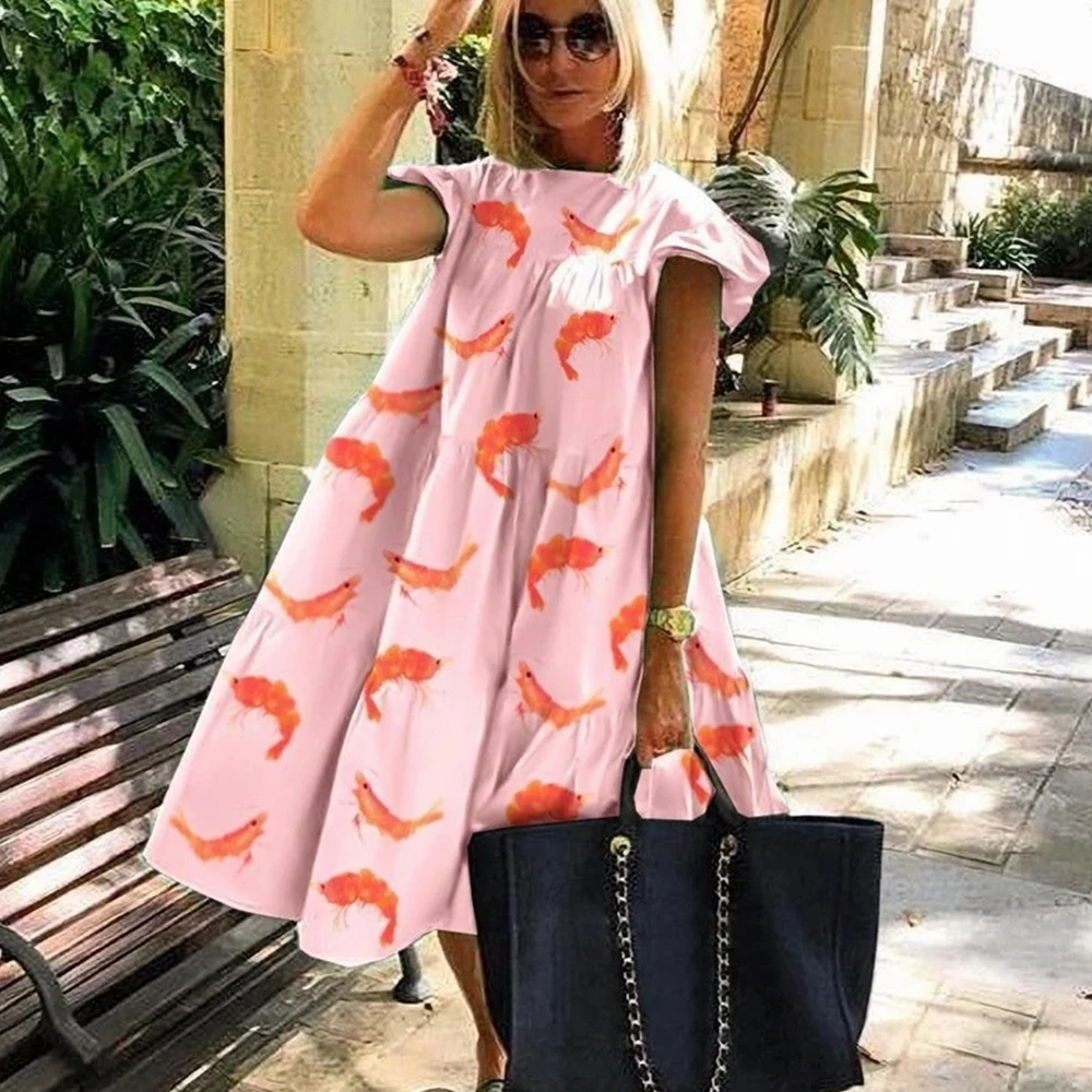 

Lugentolo Summer Dress Women 2020 New Fashion Print Loose Petal Sleeve Round Neck High Waist Big Swing Casual Womens Dresses