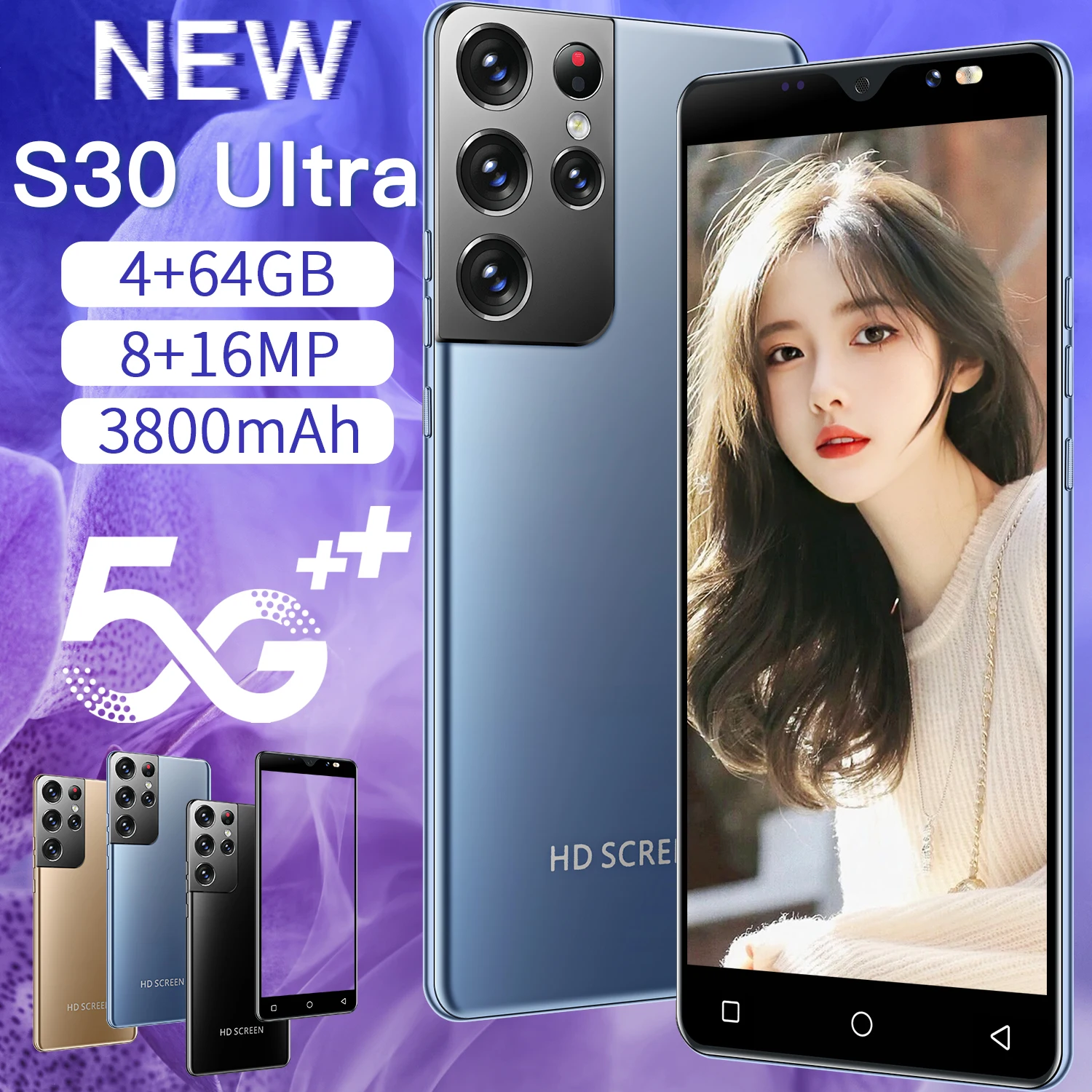 

New Global Version 5.0in S30Ultra Smartphone 4+64G Android10 Full Screen Mobilephone 8+16MP Face Unlock Dual SIM 5G Networkphone