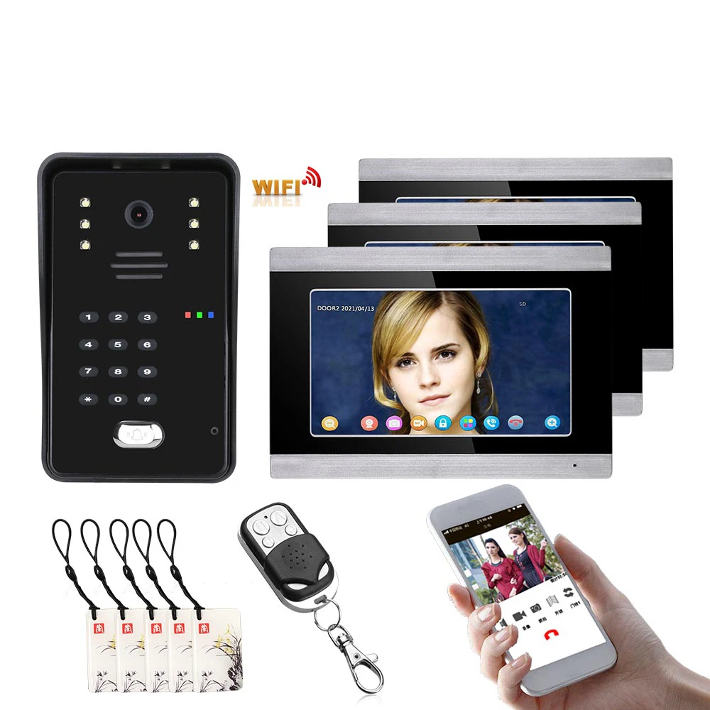 

Видеодомофон TUYA с поддержкой Wi-Fi, RFID, 3 Монитора, 7 дюймов