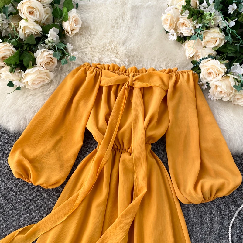 

Women Ruffles Dress Summer Off The Shoulder Long Sleeve Sexy Beach Dresses Ladies French Chiffon Long Robe Vestidos Mujer