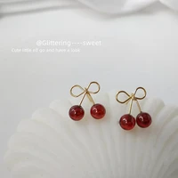 new s925 silver needle plated 14k gold small cherry vintage earrings for women niche design french red stud earrings wholesale