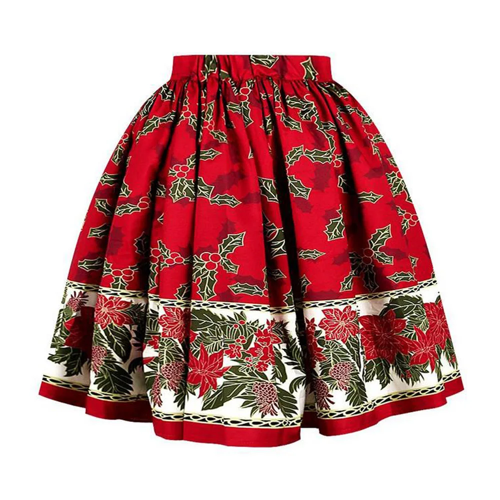 Vintage Flared A-Line Skirt Women Elastic High Waist Christmas Print Pleated Midi XMAS Retro Party Swing Skirts Womens | Женская одежда