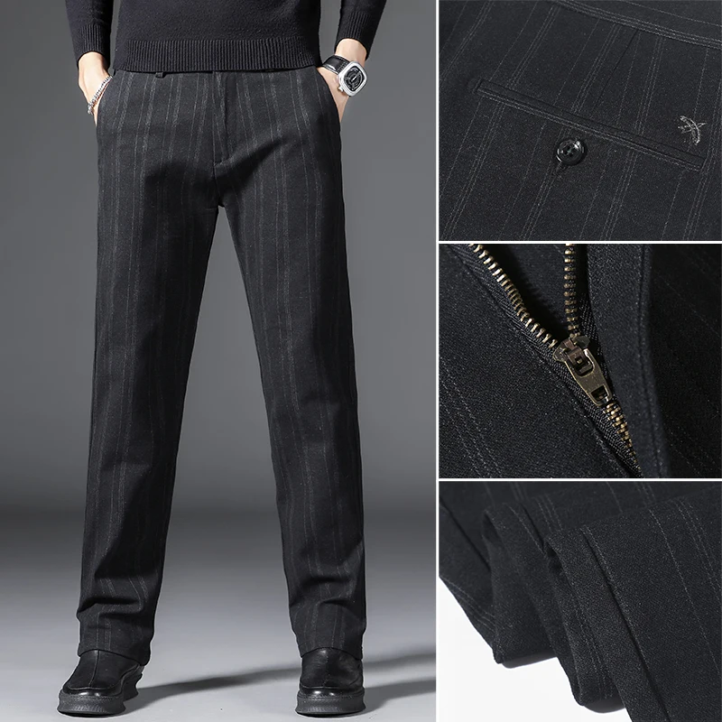 

New Men's Baggy Business Suit Pants High Quality Classic Style Male Loose Straight Stretch Stripe Formal Office Trousers Autumn