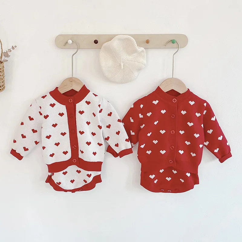 

2PCS WLG Girls Clothes Baby Outfits Fall Winter Knitted White Red Jacket and Romper Set Toddler Girl Cute Clothing Set 6-24M