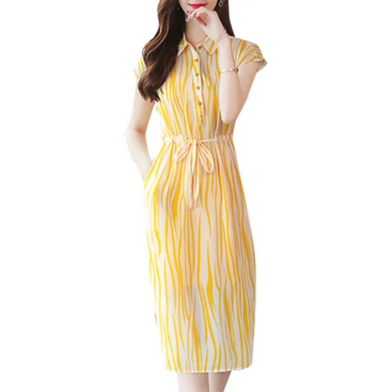 Летнее женское платье размера плюс шифоновое в полоску 2020 корейское пляжное миди