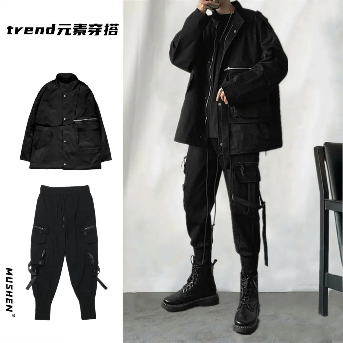 

HOUZHOU Black Techwear Jacket with Zipper Darkwear Men's Cardigan Male Korean Autumn Cargo Clothing Spring Men's Autumn Coat