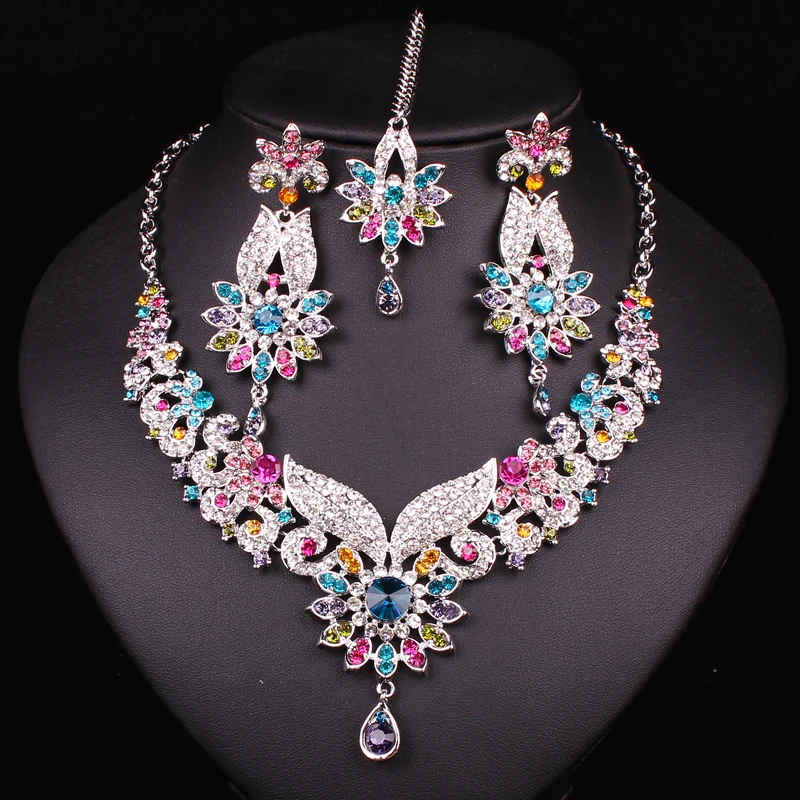 Модное ожерелье и серьги Стразы с кристаллами в индийском стиле посеребренные