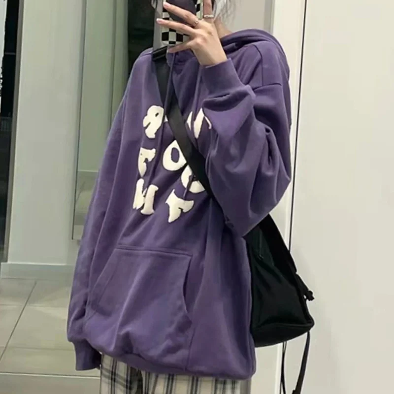 Hoodies Women Letter Oversize Plus Velvet Thicker Harajuku Teens Fashion New Ulzzang Streetwear Front Pocket Hooded Tops Chic | Женская