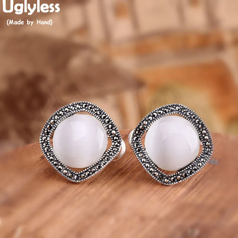 

Uglyless Curved Square Studs Earrings for Women Cat's Eye Stones Gemstones Earrings Marcasite Brincos 925 Silver Jewelry E1599