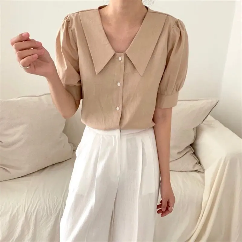 

Girls Sweet Gentle Solid Short Sleeves 2021 All Match Fashion Cute OL Casual Blouses Chic Shirts Vestido Robe Mujer