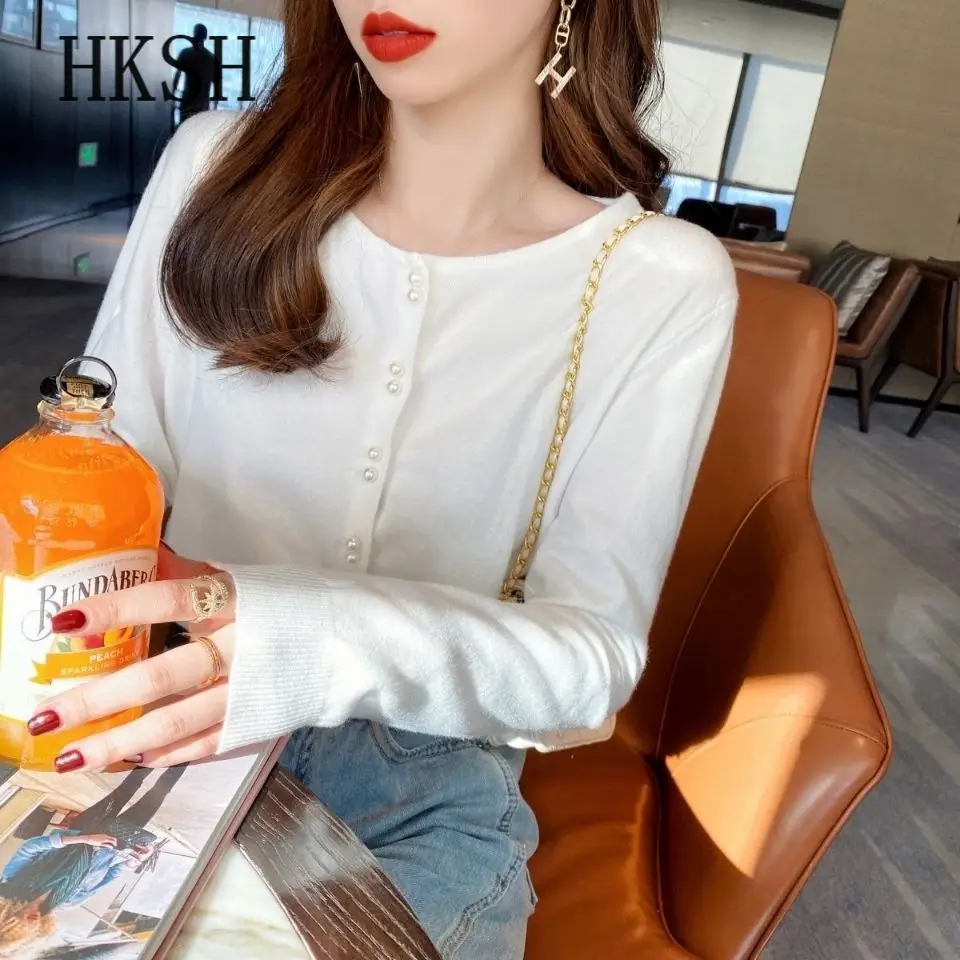 

Women's Cardigan Korean Fashion O Neck Pearl Clasp Solid Long Sleeve Swerter Spring Autumn Knitting Jumper Women White Cardigan