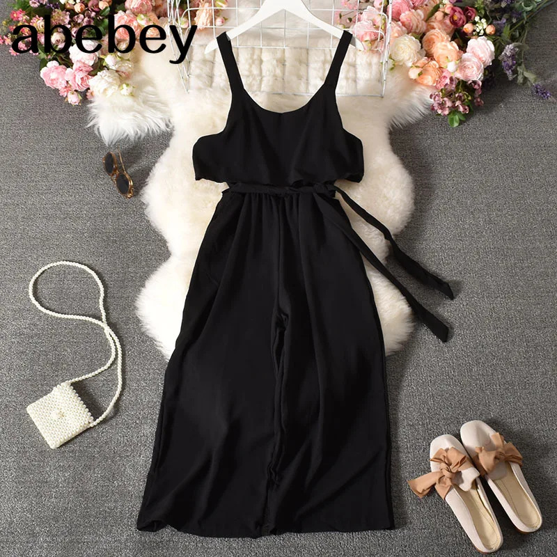 

Women Korean Ins Strap Jumpsuit Solid Ruffles Streetwear Rompers Sexy Off Shoulder Holiday Wide Leg Beach Short Rompers