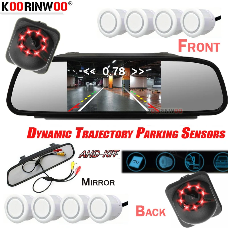 

Koorinwoo AHD Dynamic Trajectory LCD Monitor Mirror Car Parktronic Video Parking Sensor Alert Front And Back Up rear view camera