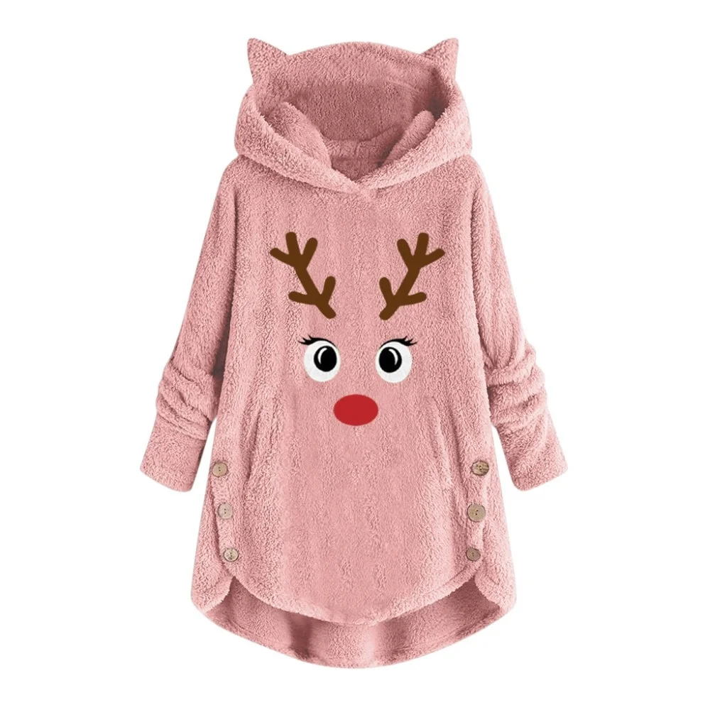 Pullovers Hoodies Women Button Cat Ears Cartoon Christmas Kawaii Long Sleeve Warm Tops Large Size Lovely Casual Sweaters | Женская