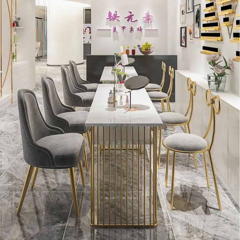 

Nordic simple double marble manicure table and chair set gold iron single double manicure table manicure table