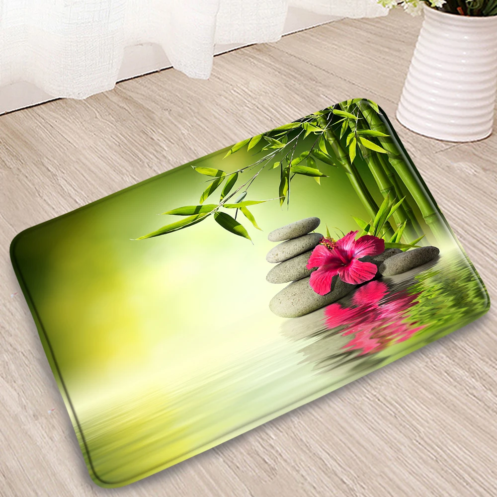 

Green Bathroom Mat Zen Stone Bamboo Plants Colorful Flower Red Purple Leaves Water Doorway Bedroom Kitchen Flannel Non-slip Rugs