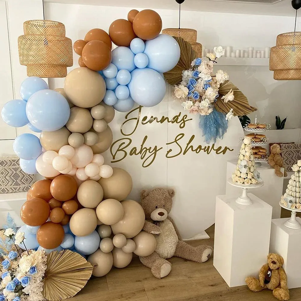 

142PCS Brown Nude Coffee Blue Balloons Garland Arch Kit Safari Wild One Teddy Bear Baby Shower Gender Reveal Birthday Decoration