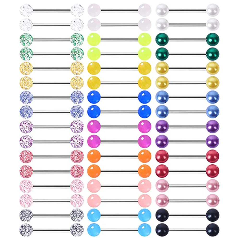 

Кольца для сосков из нержавеющей стали, ювелирные изделия с жемчужинами и блестками, с подсветкой, для языка, с прямым штангой, акриловые шта...