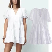 maxdutti england style fashion dress women summer vestidos indie folk vintage white simple v neck party mini dress women tops