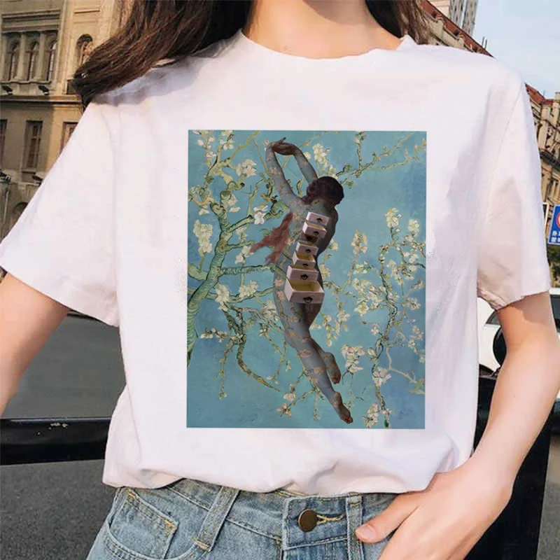 Van gogh женская футболка с рисунком кота, Рисунок маслом, решетка, принт, новая милая женская футболка, Повседневная футболка Harajuku, забавная футболка ulzzang grunge - Цвет: 9252