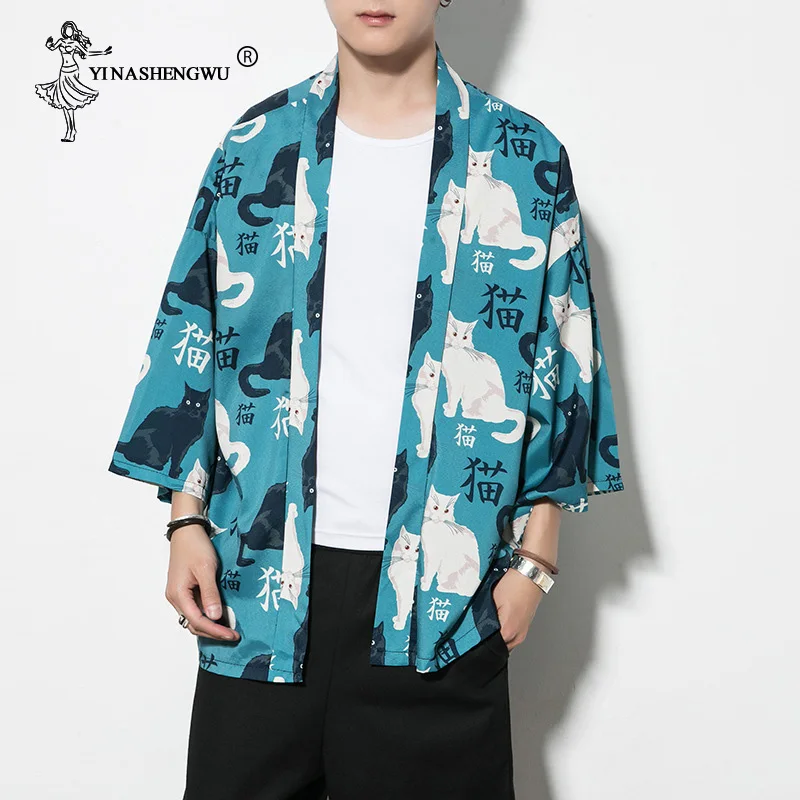 Кимоно, кардиган, мужское кимоно, Femme, Yukata, Harajuku, японское кимоно, летнее, с принтом кота, голубое, пальто, Азия, кимоно, косплей, костюм, рубашка