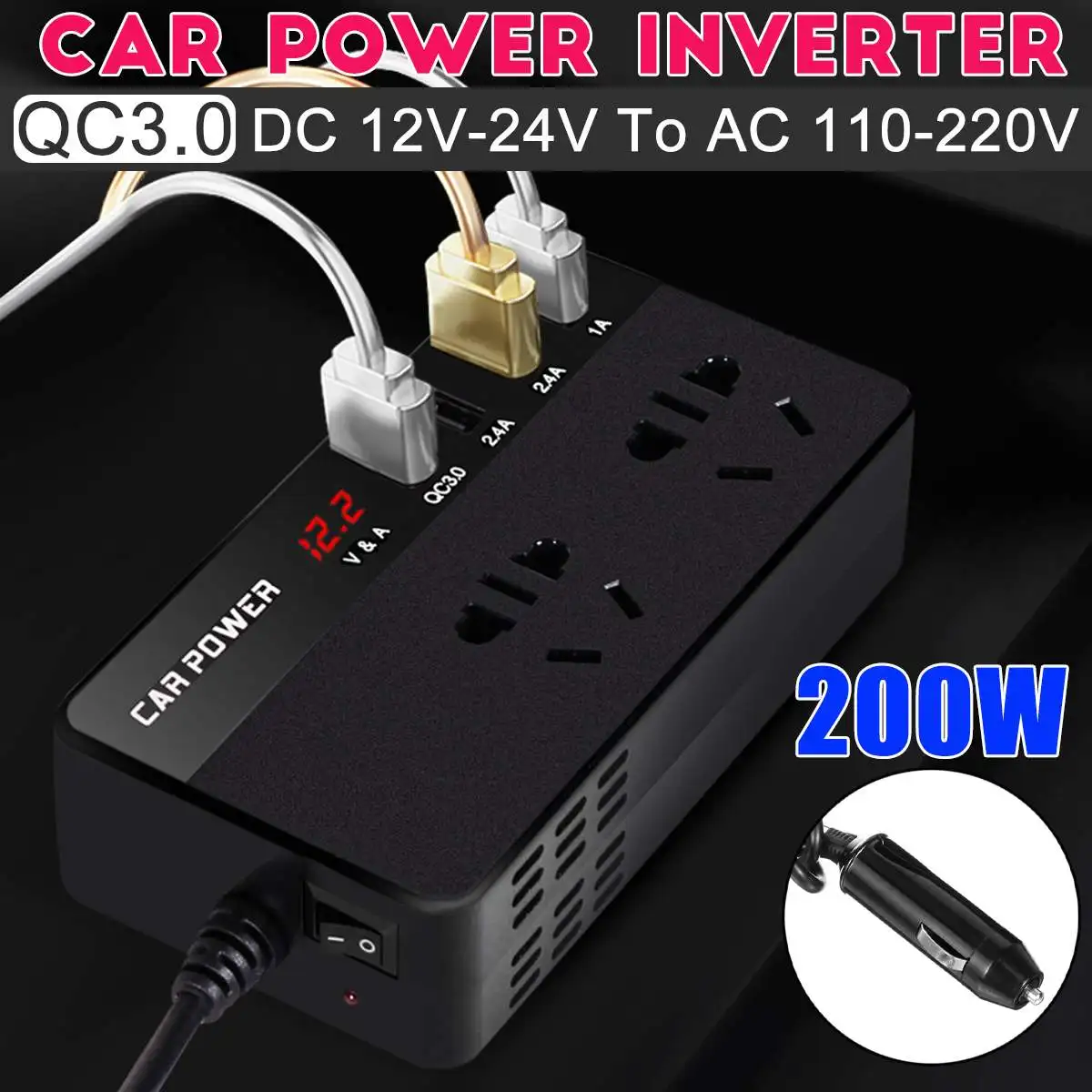 

200W QC3.0 Car Power Inverter DC 12V/24V TO AC 110/220V 4 USB Auto Charger Converter Adapter Modified Sine Wave Universal Socket