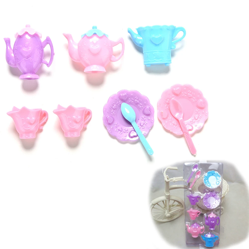 

9 Pcs For Barbies Doll house Furniture Toy Mini Tray Teapot Cup Spoon Tableware Girls Gifts