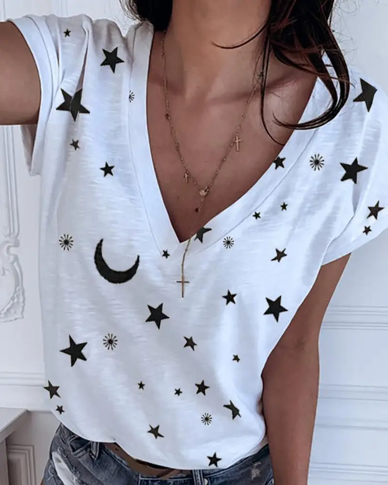 

2020 Women T Shirt White Tops Sexy V-neck Fashion Loose Short-Sleeve T-shirts Simple Casual Stars Eyes Print T Shirt Womens Top