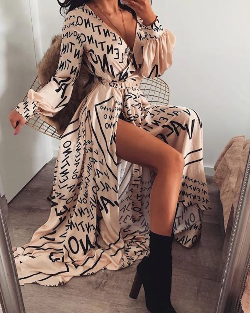 Women Hot Letter Print Boho V-neck Long Dress Spring Summer Autumn Slit Maxi Beach Robe Femme Casual Loose Dresses | Женская одежда