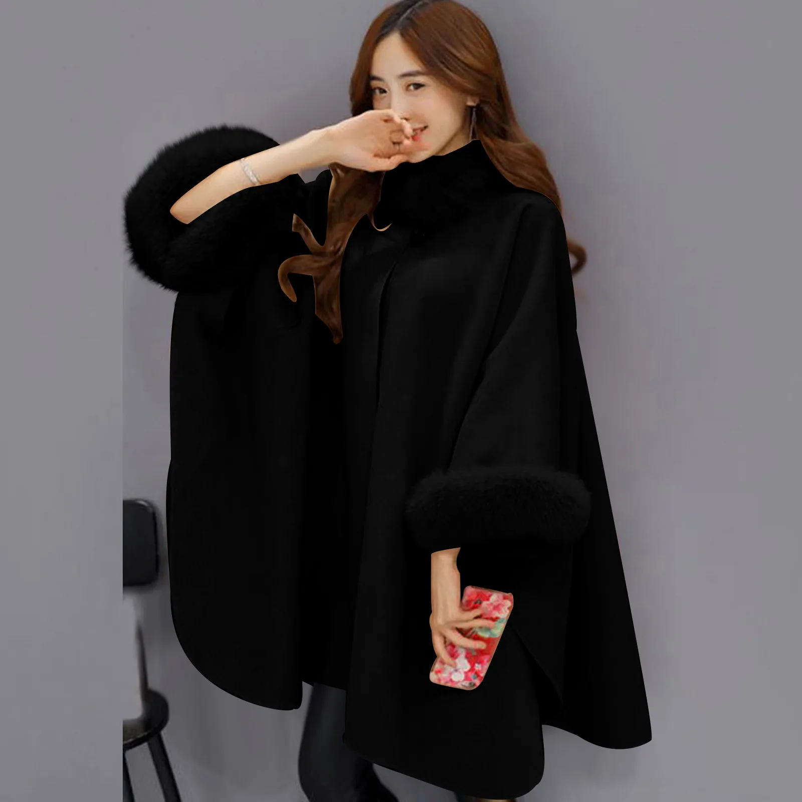 

Женская куртка 2020, модный сохраняющий тепло кардиган с рукавами летучая мышь, повседневная черная шерстяная верхняя одежда, плащ с воротник...