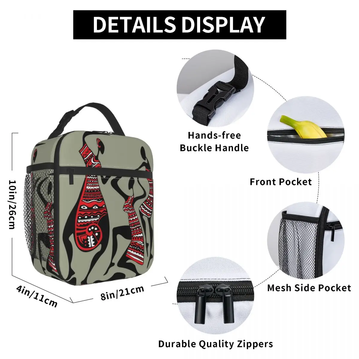 

African Dancing Women Lunch Bag for Women Men Large Insulated Lunch Box with Water Bottle Holder and Pockets