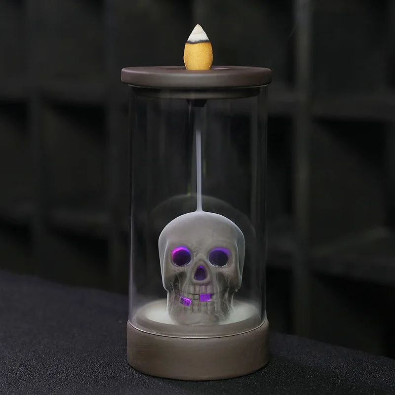 

Purple Clay Backflow Incense Burner Creative Windproof LED Lampshade Skull Head Home Decoration Halloween Decoration Ornaments