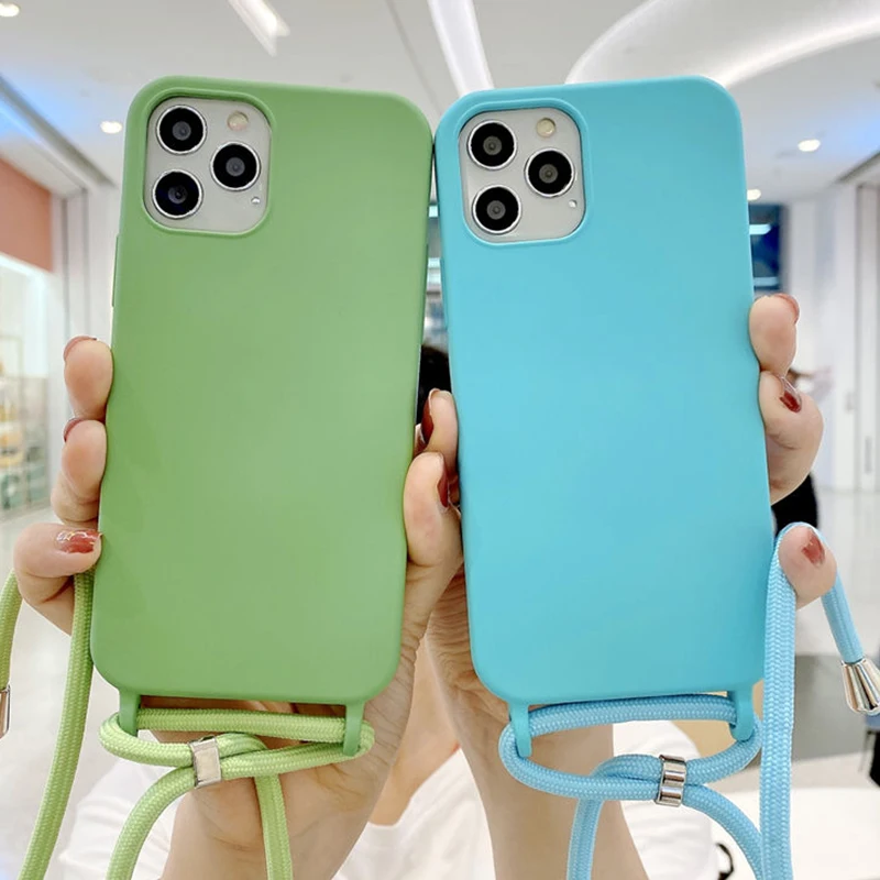 

Original Liquid Silicone Cases For iPhone 12 11 Pro XS Max X XR SE 2020 8 7 Plus Soft Candy Cover+Crossbody Lanyard Neck Strap