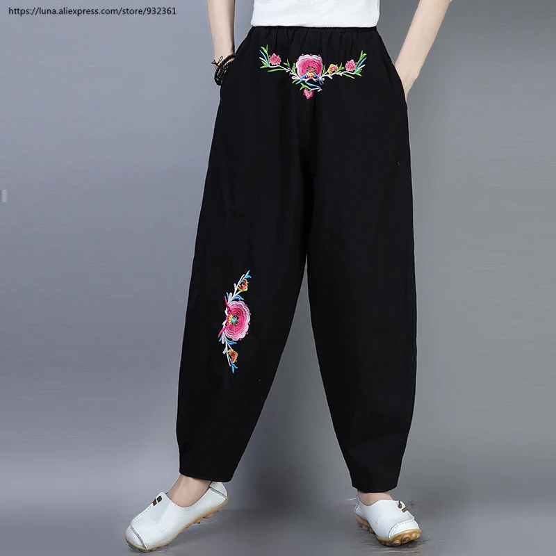 Женские Ретро широкие брюки с вышитыми цветами свободные хлопковые льняные