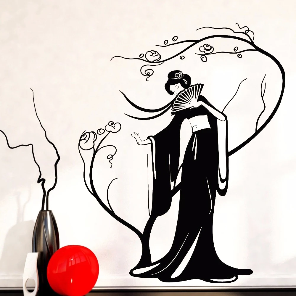 Японская женщина Наклейка на стену веер гейши красивое дерево винил гостиная