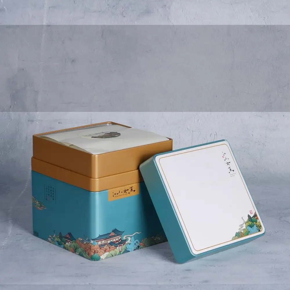 Chinese Painting Tea Container Square Can Storage Box Printed Small Candy Package Iron Food Tin Wedding Gift |