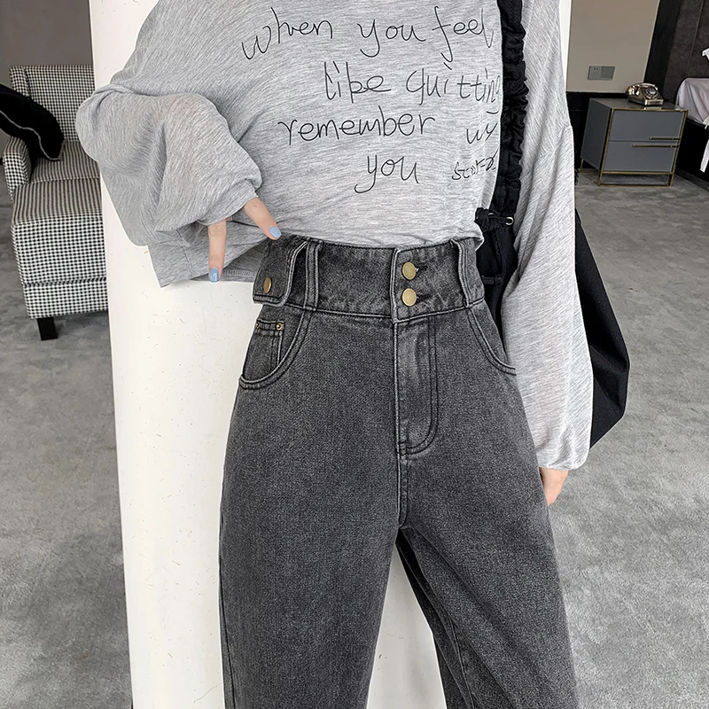 

Autumn Women High Waist Slim Harem Jeans Lady Students Wild Wide Legs Pants Female Jeansy Streetwear Straight Length Trousers