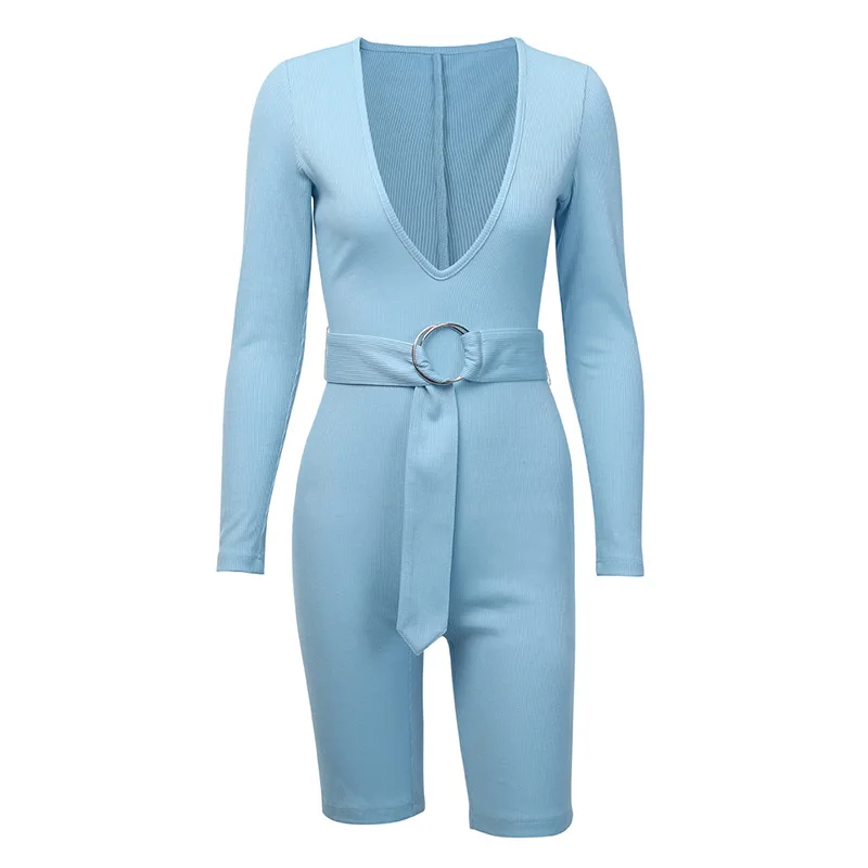 Women 2019 Autumn Black Blue With Sashes Sexy Deep V Neck Bodysuit Skinny High Waist Casual Wear |