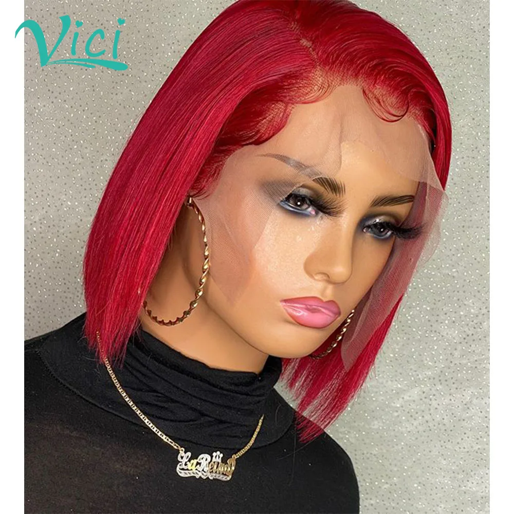 Прямой парик Боб вырез Фея короткие красные 360 фронтальные человеческие волосы