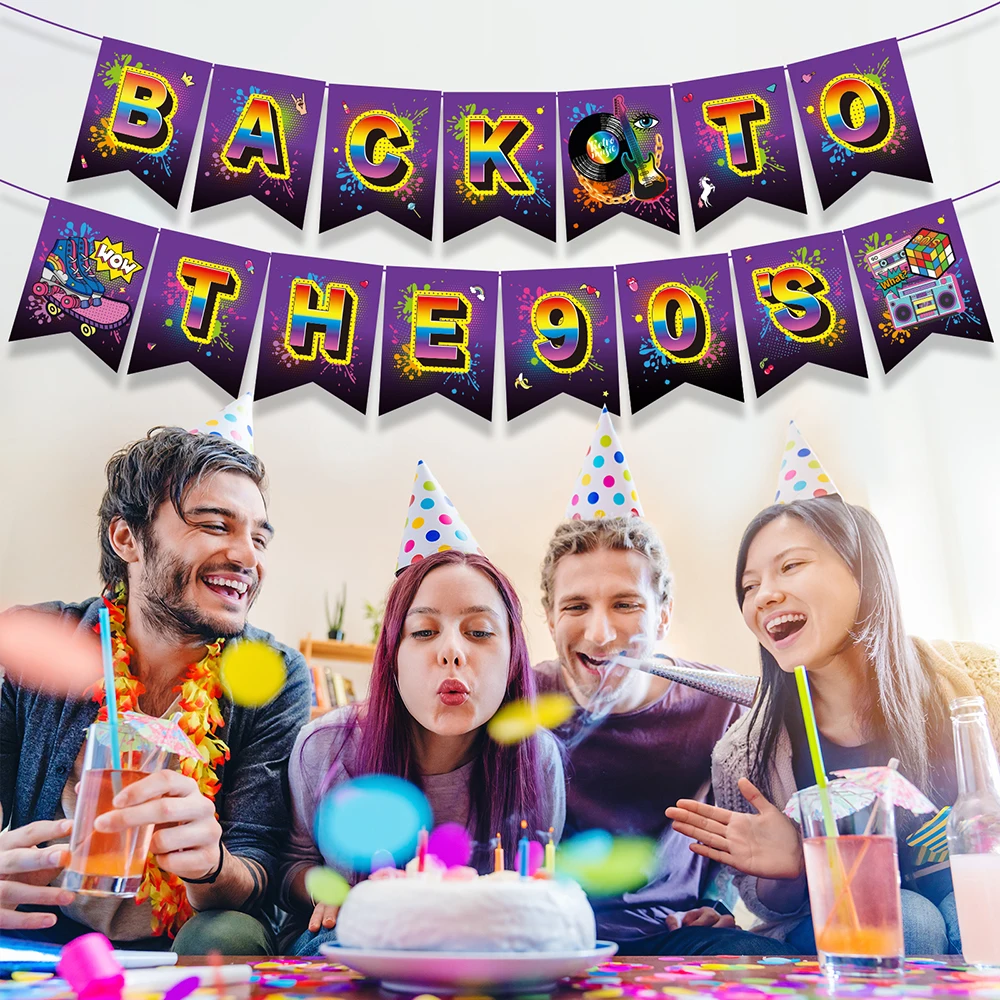 

Cool Retro Music Welcome Back to the 90's HAPPY BIRTHDAY Party Paper Hanging Banners Bunting Flags Baby Shower Party Decorations