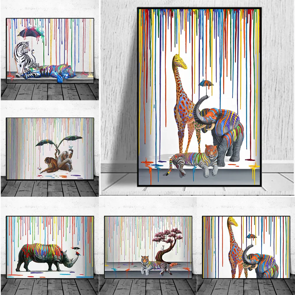

Nordic Abstract Oil Painting Rainbow Rain Elephant Giraffe Tiger Canvas Animal Posters and Prints Pictures For Living Room Decor