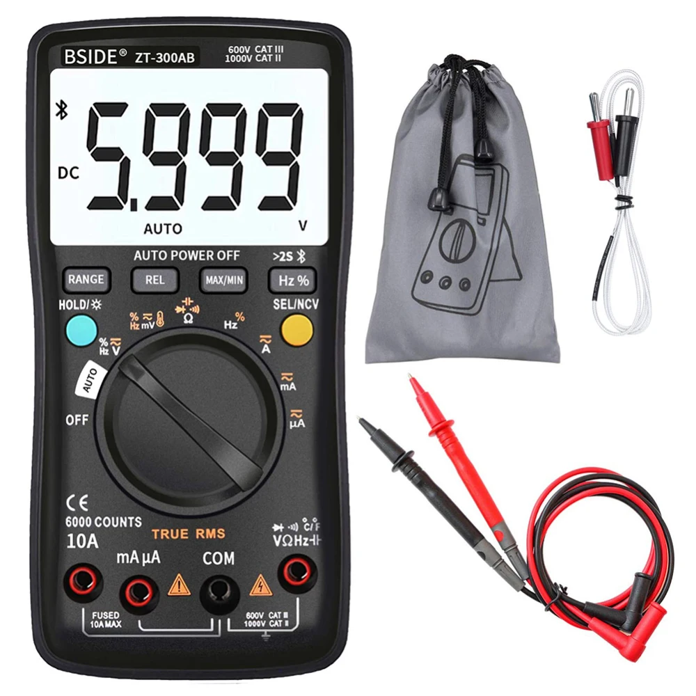 

Wireless Digital Multimeter Amp Ohm Diode Duty Cycle Voltage Tester Black Connect APP Handheld Silica Gel ABS Auto Ranging 6000