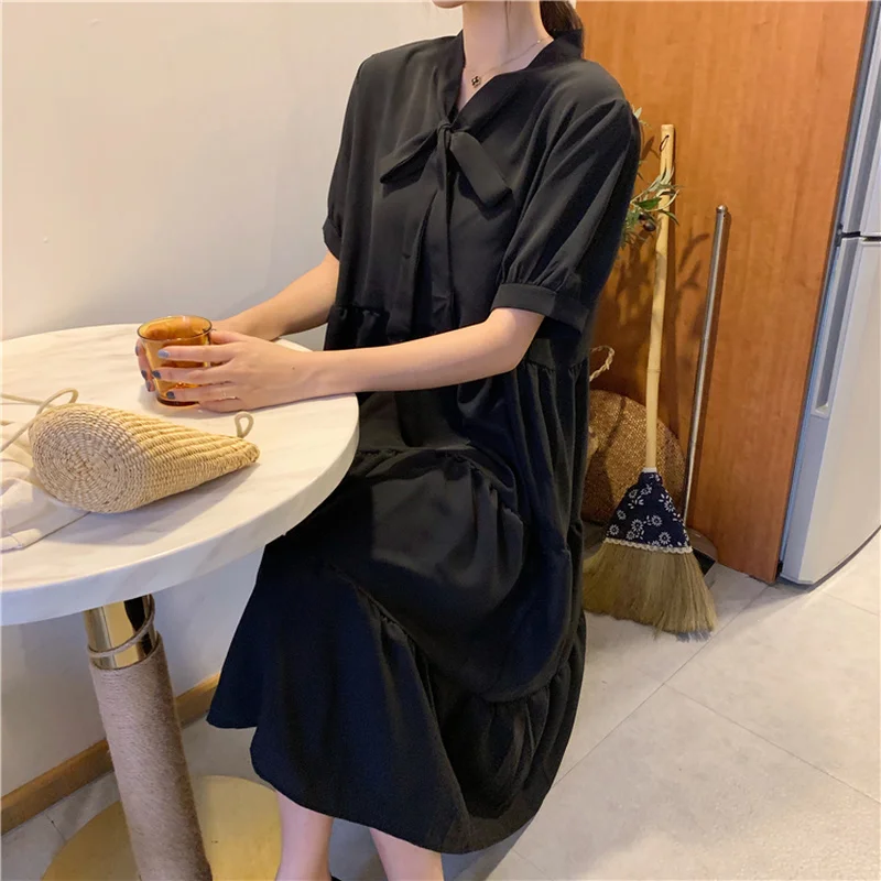 

Dresses Women Short Sleeve Black Solid Fashion Casual Ins Hot Sale Dress Loose Simple Summer Vestido for Female Elegant College