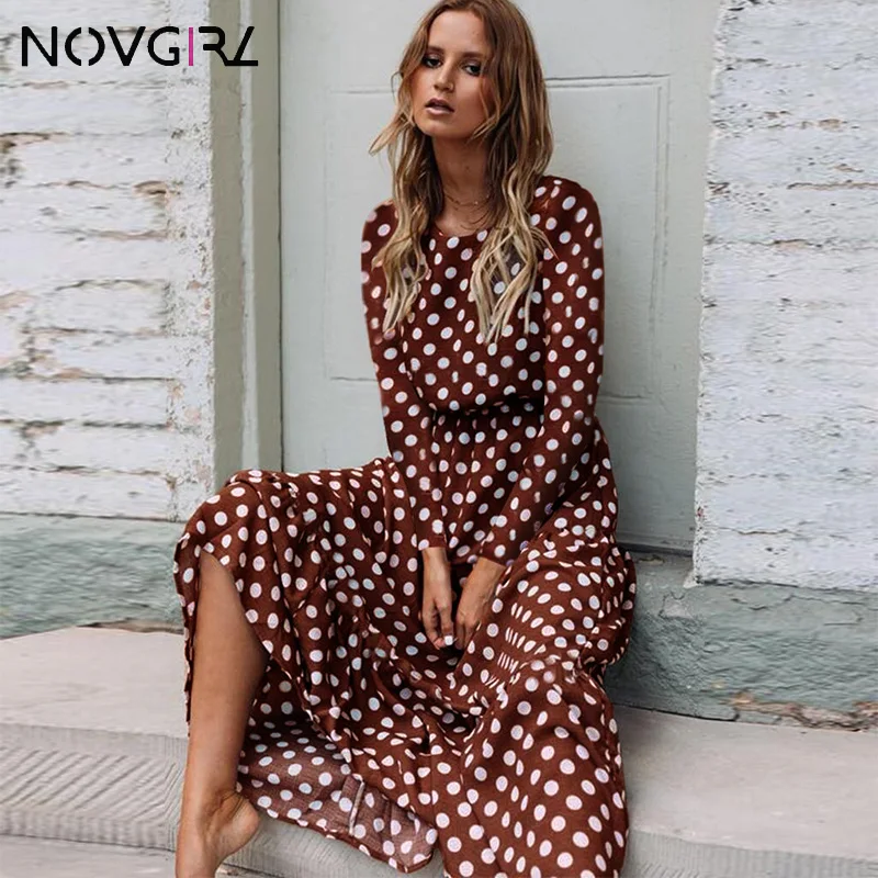 Женское длинное платье в горошек Novgirl богемное Пляжное Платье макси с длинными