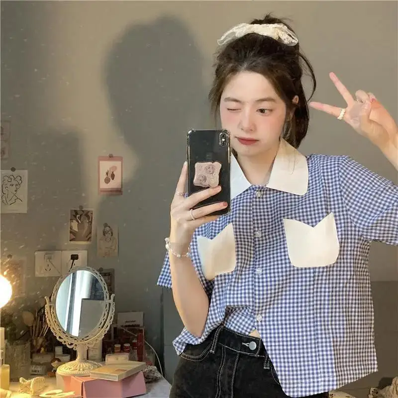 

Cute Plaid Blouse Shirt For Girl Loose Summer Oversize Shirt Women Harajuku Punk Tops Tee 2021 Hip Hop Korean Clothes Shirt