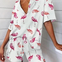 2021 new summer women flamingo short sleeve avocado tracksuit short sleeve drawstring pajamas set casual two piece set loose
