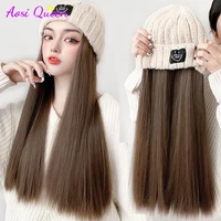 as syntheti straight hair lamb wool knitted hat berets wig brown straight wigs naturally connect synthetic hat wig
